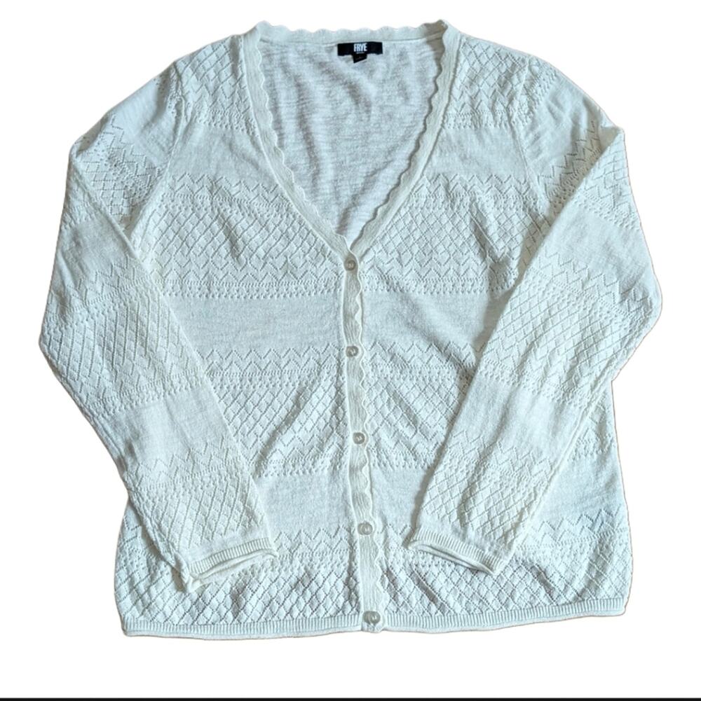 Frye Romantic Boho Style Scalloped Hem Eyelet Lace Lightweight Cardigan Sweater